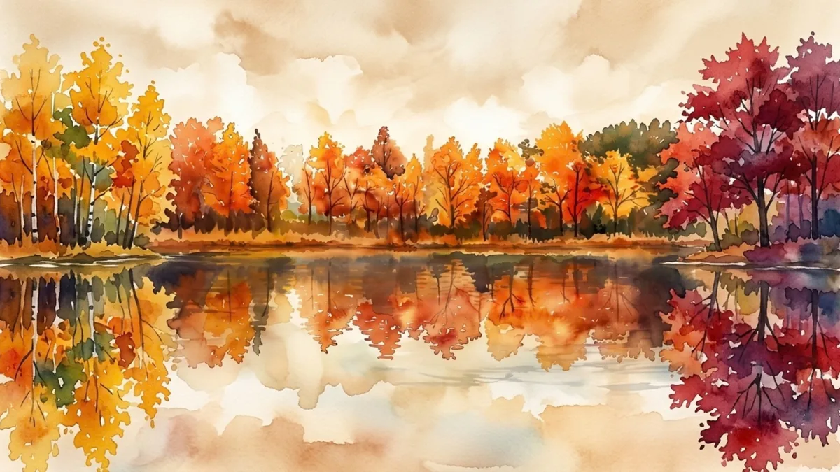 Autumn Reflections Frame TV sign — a watercolor painting of golden, orange, and crimson trees mirrored in a still lake under a soft cream sky